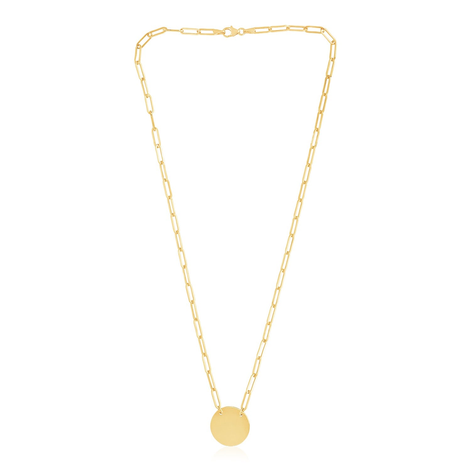 14k Yellow Gold High Polish Circle Disc Paperclip Link Necklace in a sleek high-contrast midnight luxury editorial style